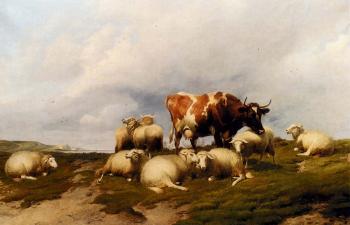 Thomas Sidney Cooper : A Cow And Sheep On The Cliffs